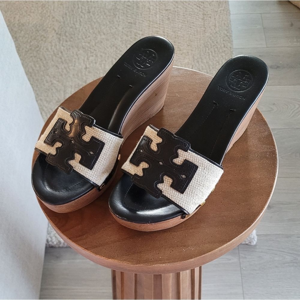 Tory Burch Black and Tan Patti Wedge Sandals Size 7